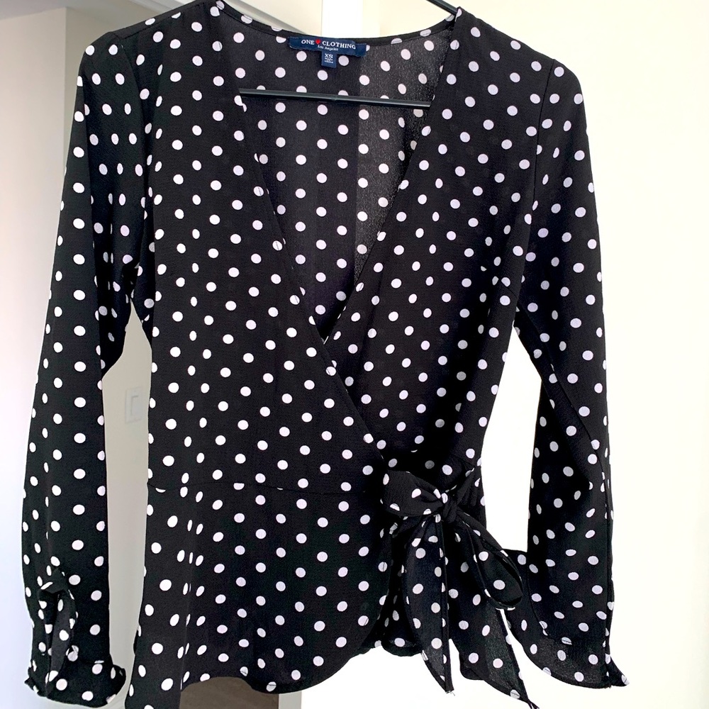 Long sleeve polka dot wrap blouse with side bow